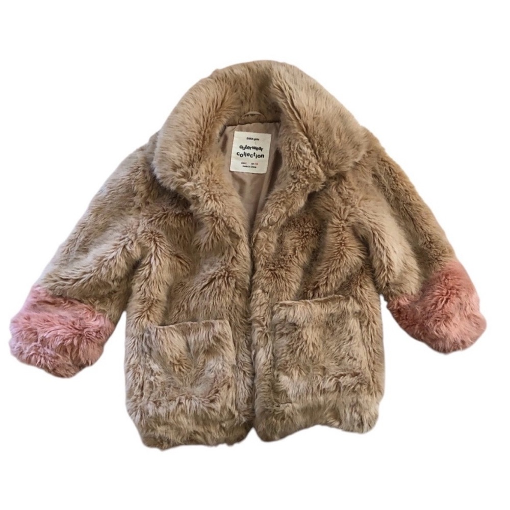 Zara Kids Tan Faux Fur Jacket with Pink Sleeves